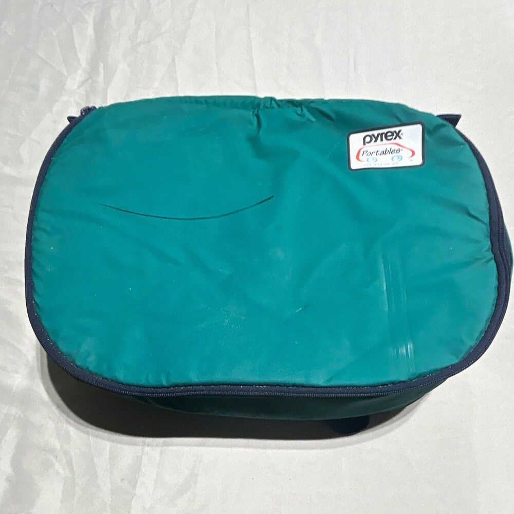Vintage Pyrex Portables Insulated Casserole Carrier Bag Green Navy Blue 12x8x3